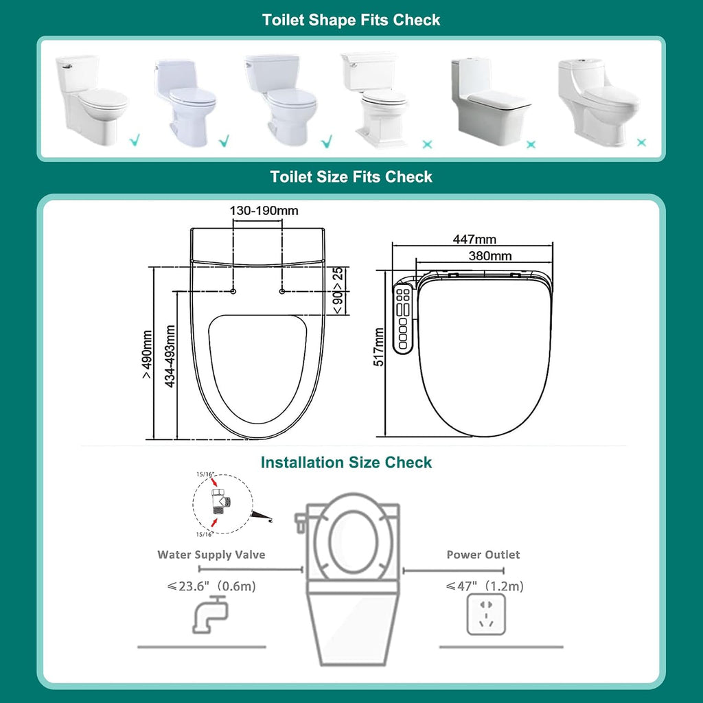 Aquatiz Elongated Smart Toilet Seat, Electronic Heated Toilet Seat, Self-Cleaning Nozzle, Temperature Controlled Wash, Air Dryer, Deodorizer, LED Light, Multi-mode Wash, (Panel Control)