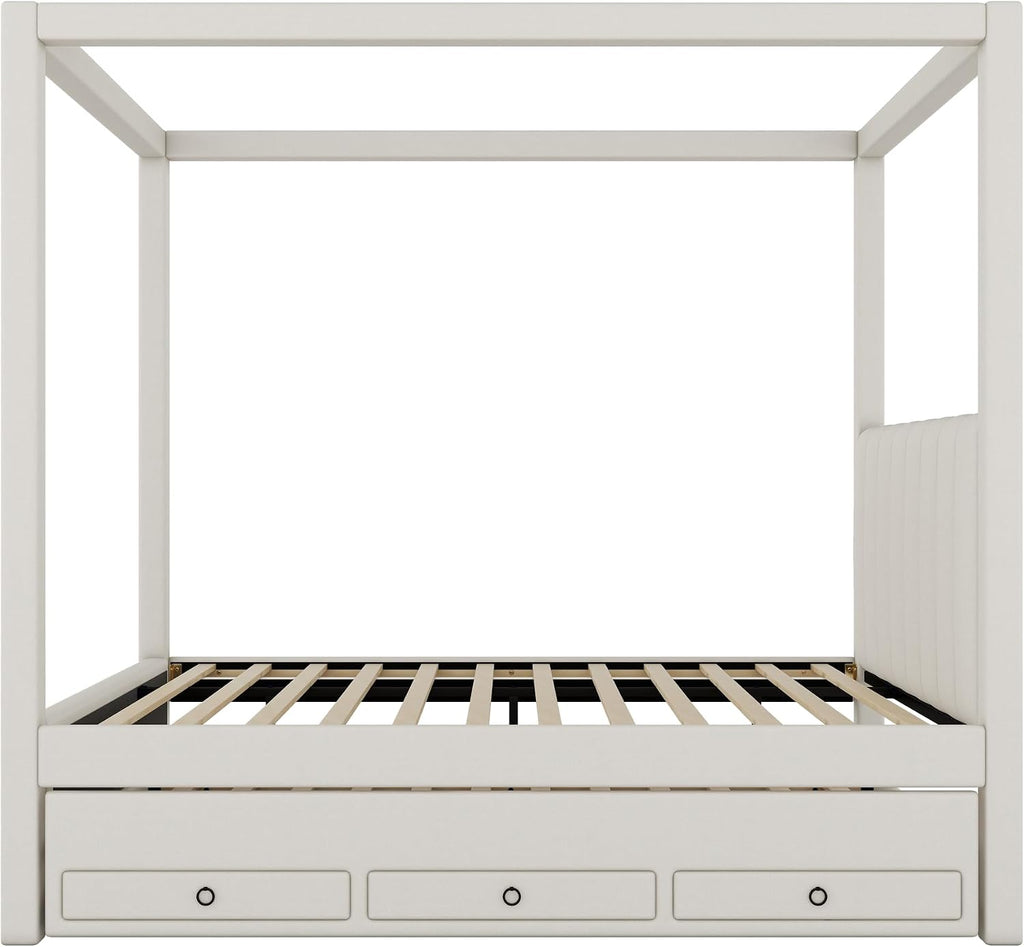 Full Size Linen Upholstered Canopy Bed with Trundle and 3 Storage Drawers for Bedroom, Guest Room (Full)