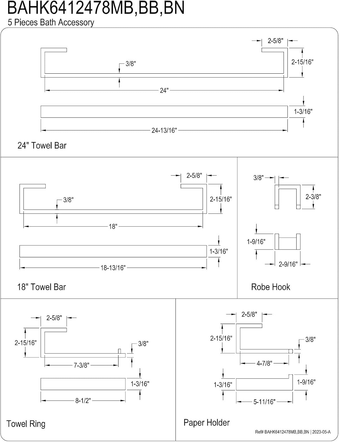 Kingston Brass BAHK6412478MB Lasdun 5-Piece 18-Inch and 24-Inch Towel Bars Bathroom Accessory Set in Matte Black