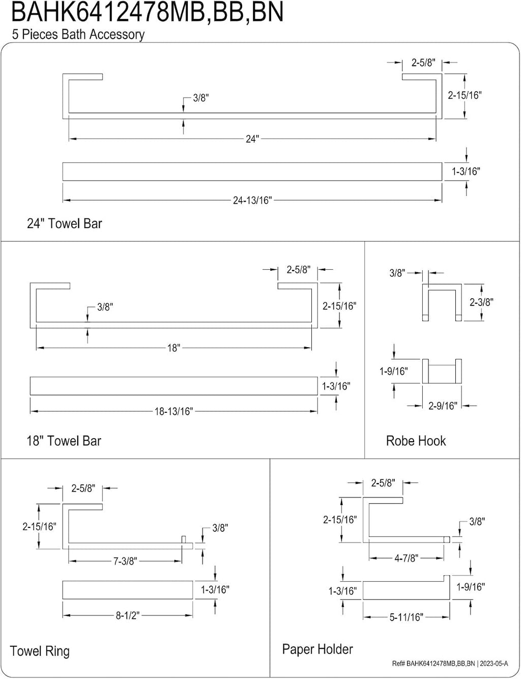 Kingston Brass BAHK6412478BN Lasdun 5-Piece 18-Inch and 24-Inch Towel Bars Bathroom Accessory Set in Brushed Nickel