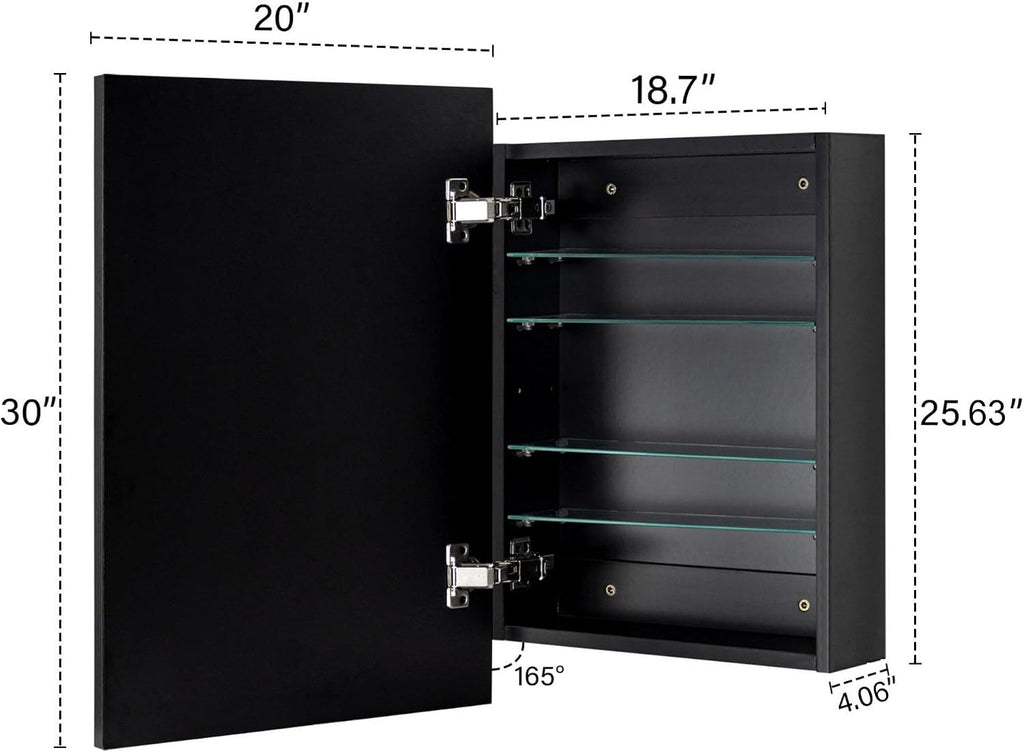TEHOME 20'' x 30'' Black Recessed and Surface Mount Bathroom Medicine Cabinet with Mirror Matt Black Square Cornered Metal Framed Rounded Rectangle Medicine Cabinet Mirror