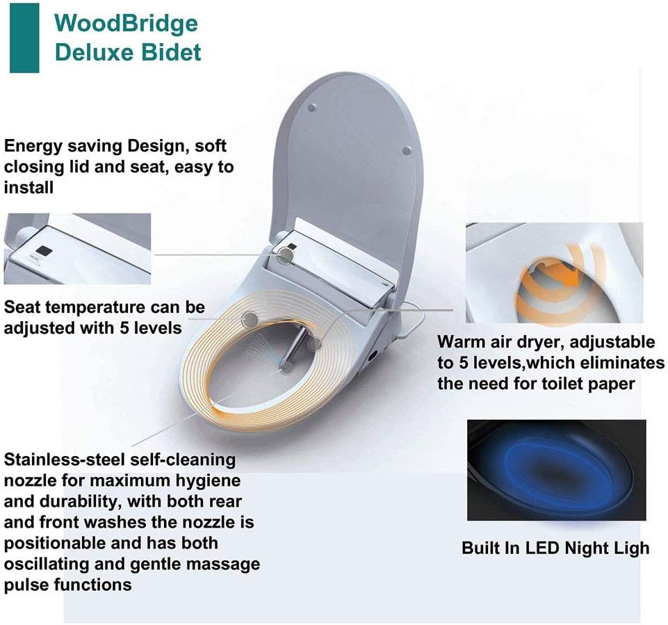 WOODBRIDGE BDI-01 Elongated Bidet Seat with Air Dryer and Stainless-Steel Nightlight | Nozzle Oscillation