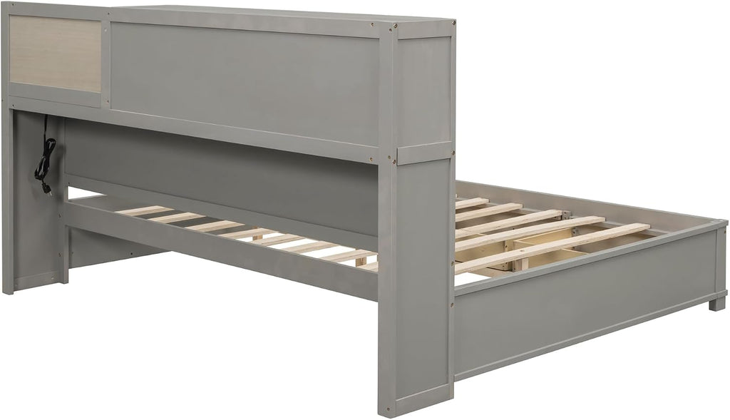 Merax Full Size Daybed with 3 Storage Drawers,Headboard with Shelf,A Set of Sockets and USB Ports,Grey