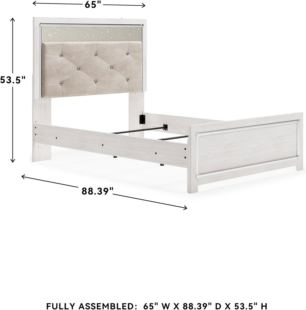 Signature Design by Ashley Altyra Contemporary Adjustable Tufted Full Upholstered Panel Bed with LED Lights and Metal Slats, Foundation or Box Spring Needed, White & Gray