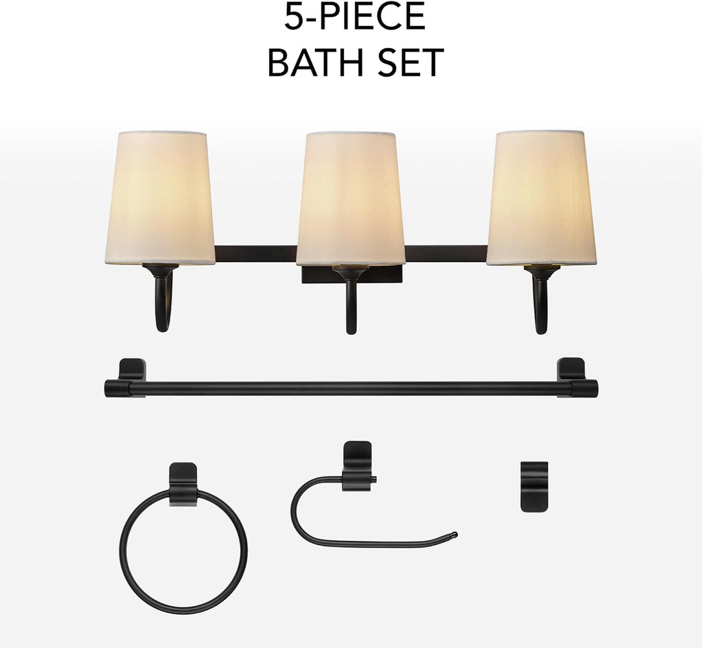 Globe Electric 63000206 5-Piece All-in-One Bathroom Set, 3-Light Vanity Light, Matte Black, Linen Shades, Towel Bar, Robe Hook, Toilet Paper Holder, Towel Ring, Bathroom Lights Over Mirror