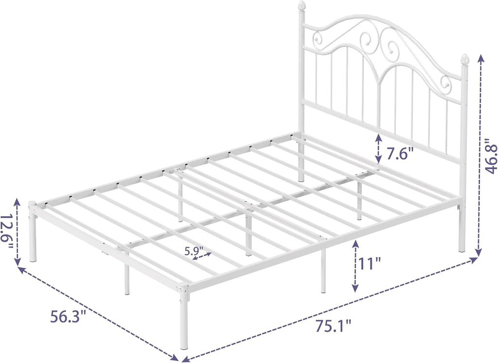Elephance Full Size Metal Bed Frame with Vintage Headboard,11 Inches Storage Space Platform Bed No Box Spring Needed Easy Assembly,White