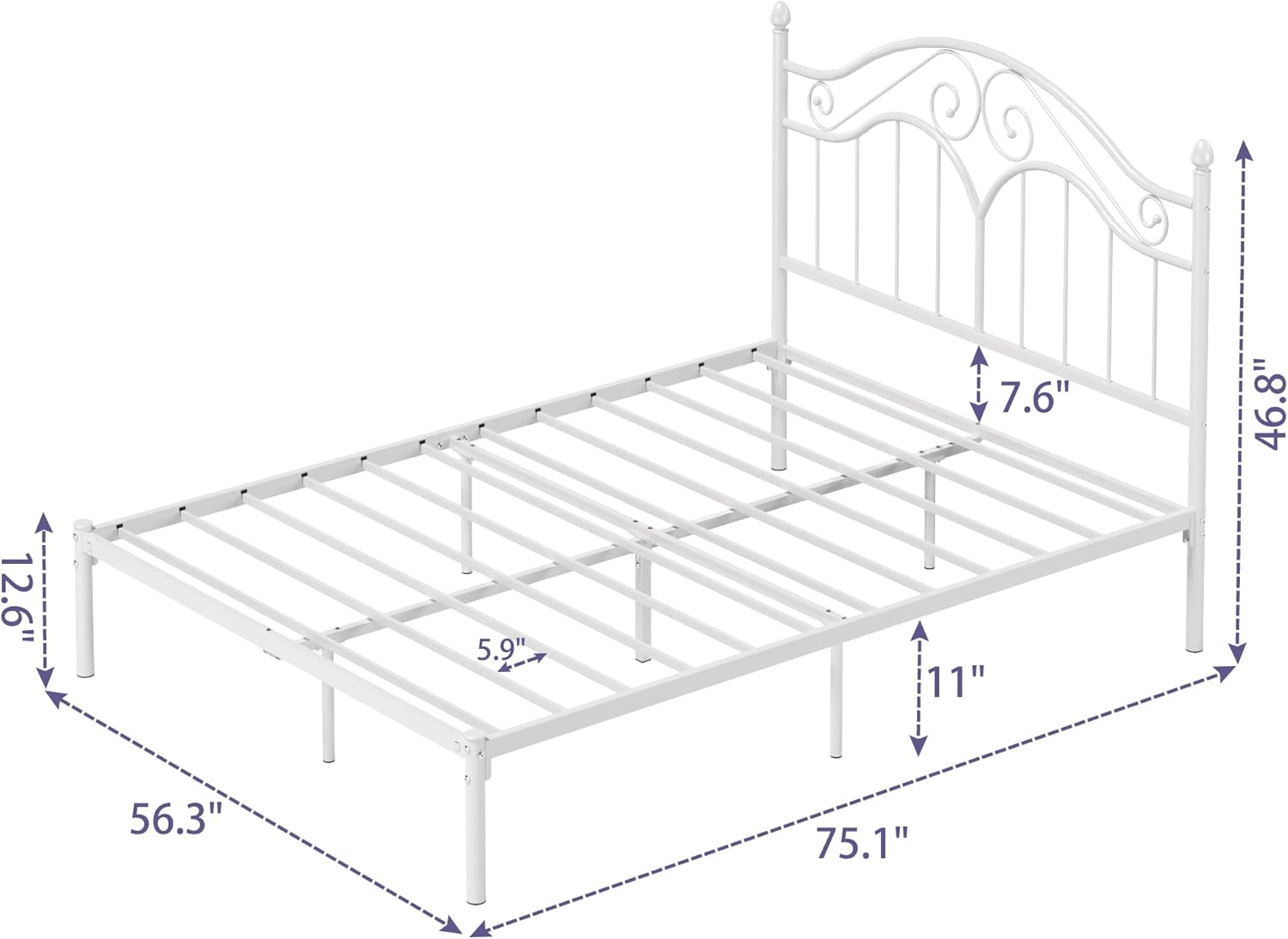 Elephance Full Size Metal Bed Frame with Vintage Headboard,11 Inches Storage Space Platform Bed No Box Spring Needed Easy Assembly,White