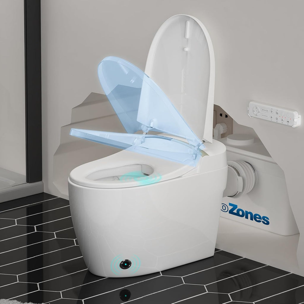 Smart Toilet with 750PRO Macerator Pump for Basement Upflush Macerating System, Tankless Bidet Toilet with Heated Dryer Warm Water, Remote Control, 3 Inlets Grinder Pump for Waste Water Disposal