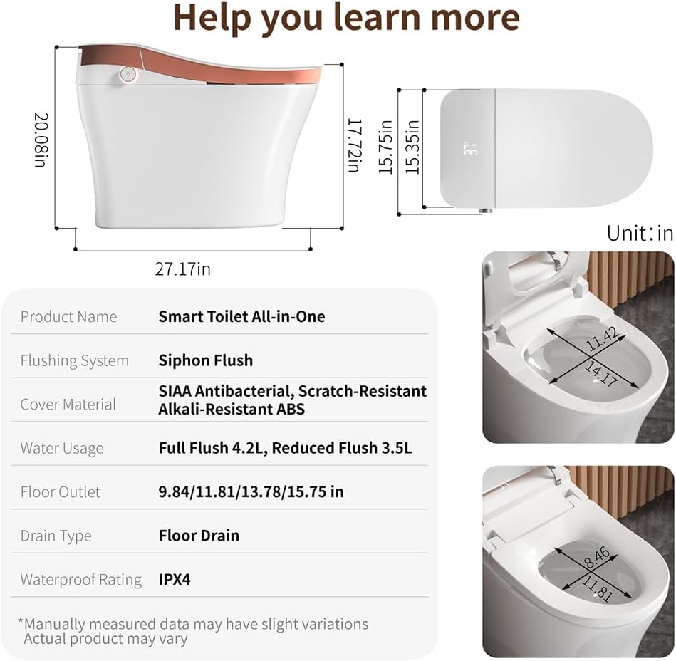 Smart Toilet Bidet with Auto Open Close One Elongated Toilet with Tank Built in,with Warm Water Sprayer and Dryer, Instant Warm Water,Heated Seat,CSA,Power Outage Flushing Mode