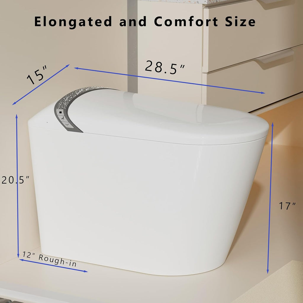 WinZo Smart Toilet with Bidet, 17 inch Comfort Seat Height, Auto Open/Close Foot Kick Flush Heated Seat, LED Night Light, 1.28 GPF Multiple Cleaning Modes (White)