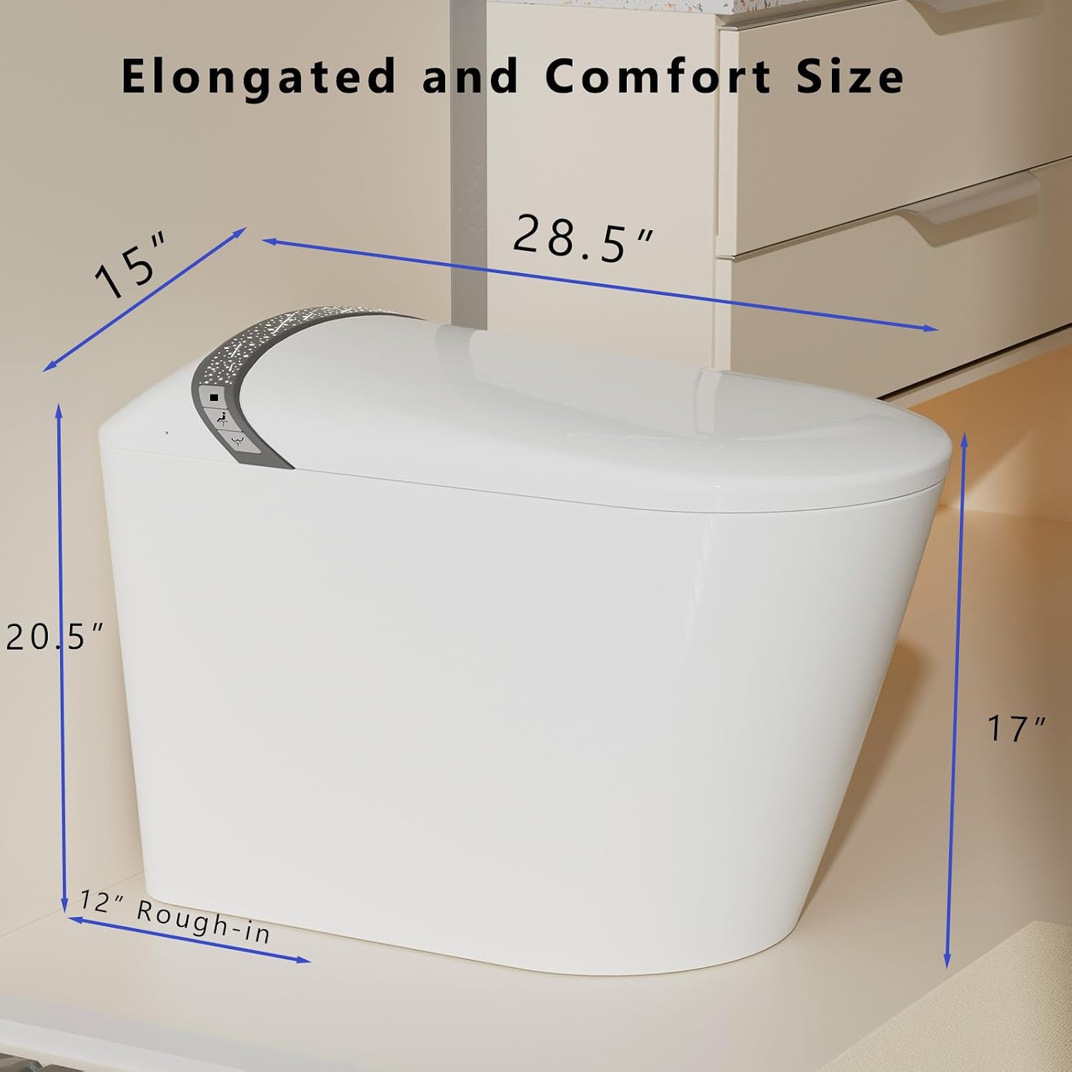 WinZo Smart Toilet with Bidet, 17 inch Comfort Seat Height, Auto Open/Close Foot Kick Flush Heated Seat, LED Night Light, 1.28 GPF Multiple Cleaning Modes (White)