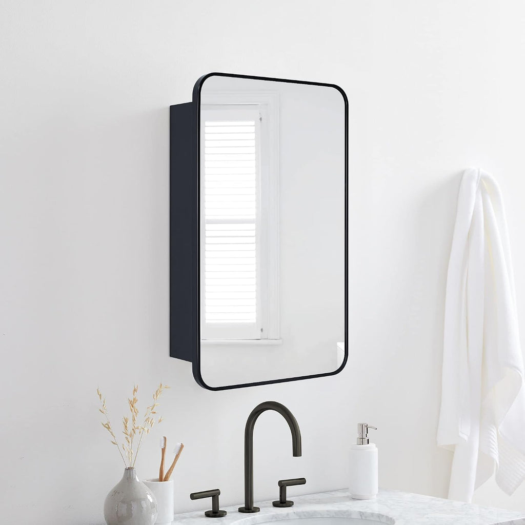 GRACTO 16.5x24 Black Recessed and Surface Mount Bathroom Medicine Cabinet with Mirror Matt Black Metal Framed Rounded Rectangle Medicine Cabinet