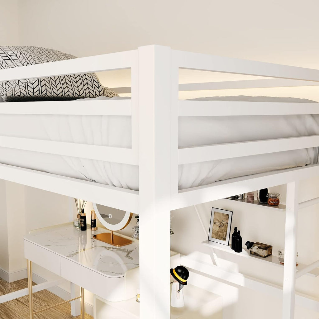 ikalido Metal Loft Bed Twin Size with Safety Guardrail and Ladder, No Box Spring Needed Space Saving Bedroom Furniture,Cream White