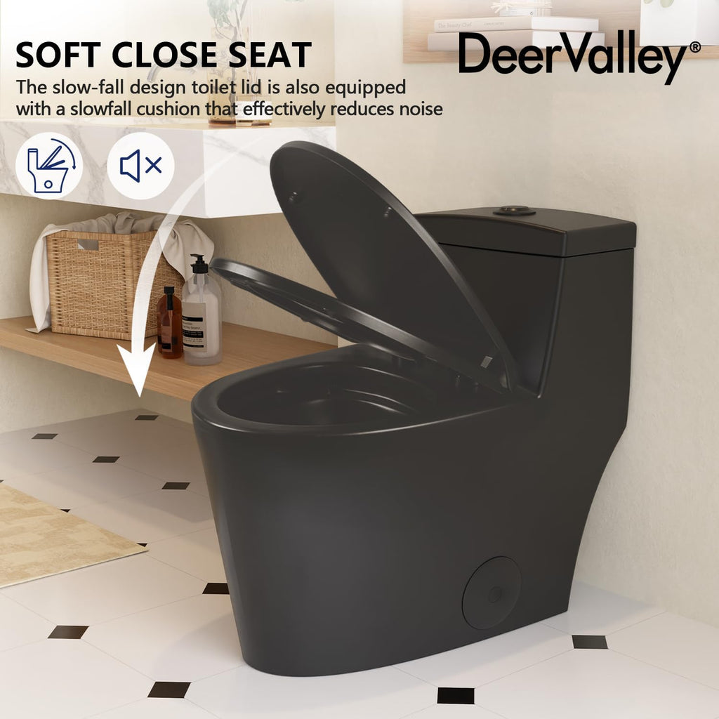 DeerValley One Piece Toilet Elongated 1.1/1.6 GPF Dual Flushing Toilets with 17' ADA Comfortable Chair Seat 12' Rough-In High-Efficiency Black Toilet DV-1F52636B