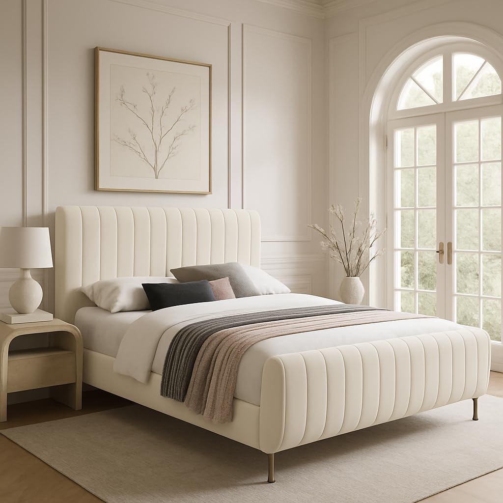 Meridian Furniture Zara Collection Modern | Contemporary Velvet Upholstered Bed with Deep Channel Tufting and Custom Gold Legs, Queen, Cream