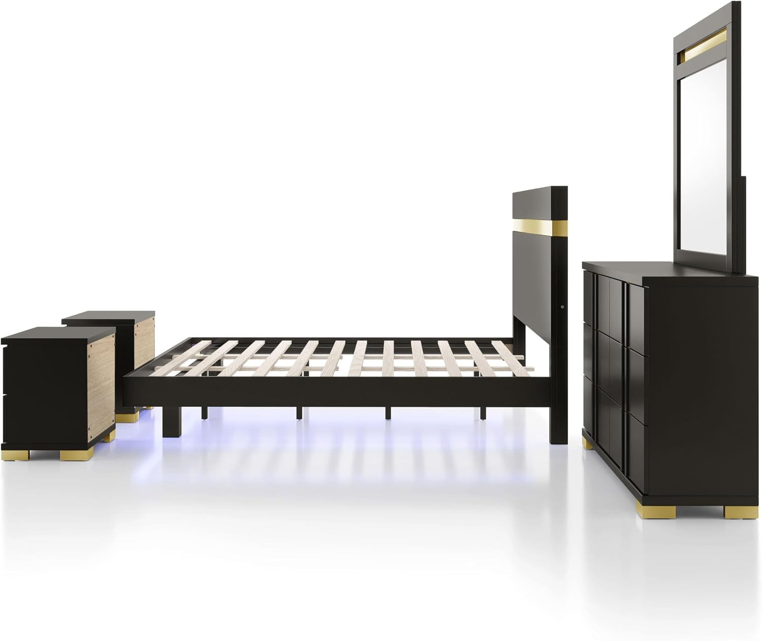 Furniture of America Ansten Modern Wood 5-Piece Platform Bedroom Set with Gold Trim, Underbed LED, Dust Proof Cases, Bracketed Metal Legs, No Box Spring Needed, Twin, Black