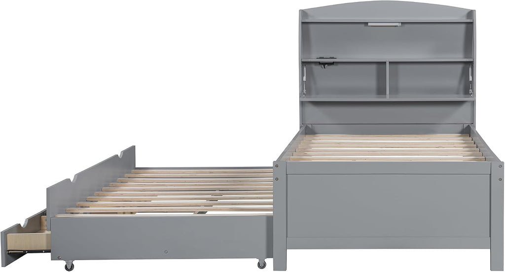 Bellemave Twin Size Wooden Platform Bed with Trundle & LED Storage Headboard - 3 Drawers, Wood Twin Captain Bed with USB Outlets and Hidden Flip-Up Compartment for Kids Teens Boys Girls (Gray)