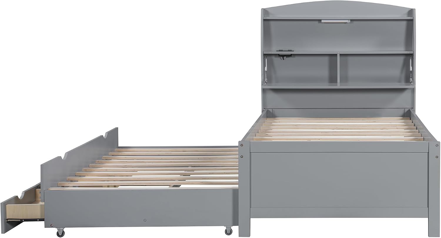 Bellemave Twin Size Wooden Platform Bed with Trundle & LED Storage Headboard - 3 Drawers, Wood Twin Captain Bed with USB Outlets and Hidden Flip-Up Compartment for Kids Teens Boys Girls (Gray)