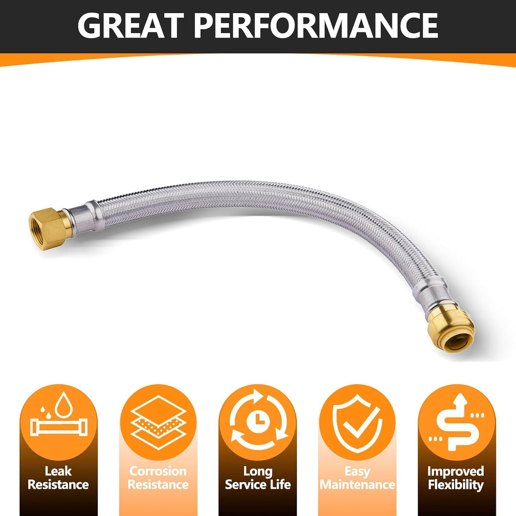 10-Pack HeSun 24-Inch Stainless Steel Water Heater Connector, 1/2' Push-Fit x 3/4' FIP, Push-to-Connect Flexible Heater Hose(HOSE031-10)