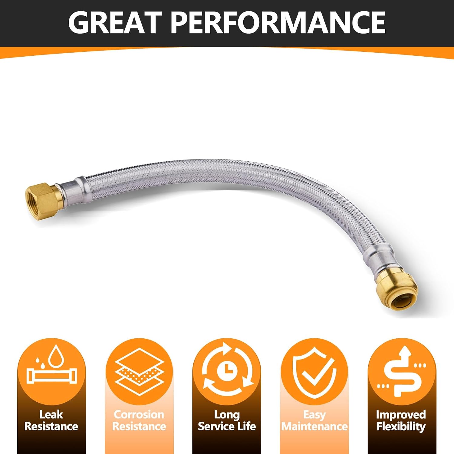 10-Pack HeSun 24-Inch Stainless Steel Water Heater Connector, 1/2' Push-Fit x 3/4' FIP, Push-to-Connect Flexible Heater Hose(HOSE031-10)