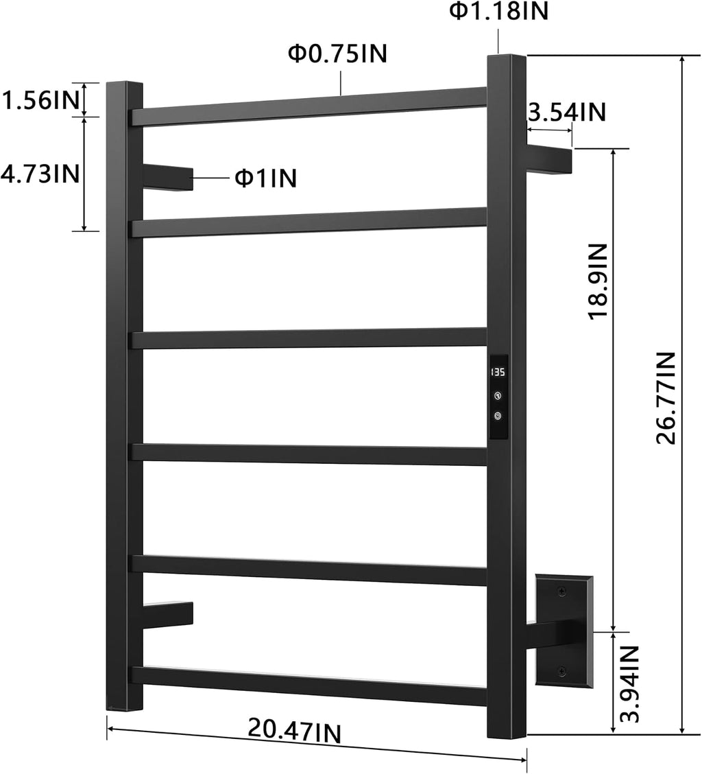 Sharpeye Towel Warmer Rack with 24hr Timer, Matte Black Heated Towel Rack for Bathroom, Plug-in/Hardwired, Wall Mounted 6-Bar Electric Towel Warmer with Temperature Control