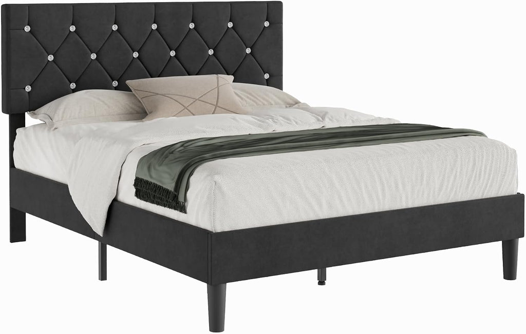 VECELO Full Size Bed Frame with Diamond Tufted Headboard, Upholstered Platform Bedframe with Wood Slat Support, No Box Spring Needed, Velvet & Black