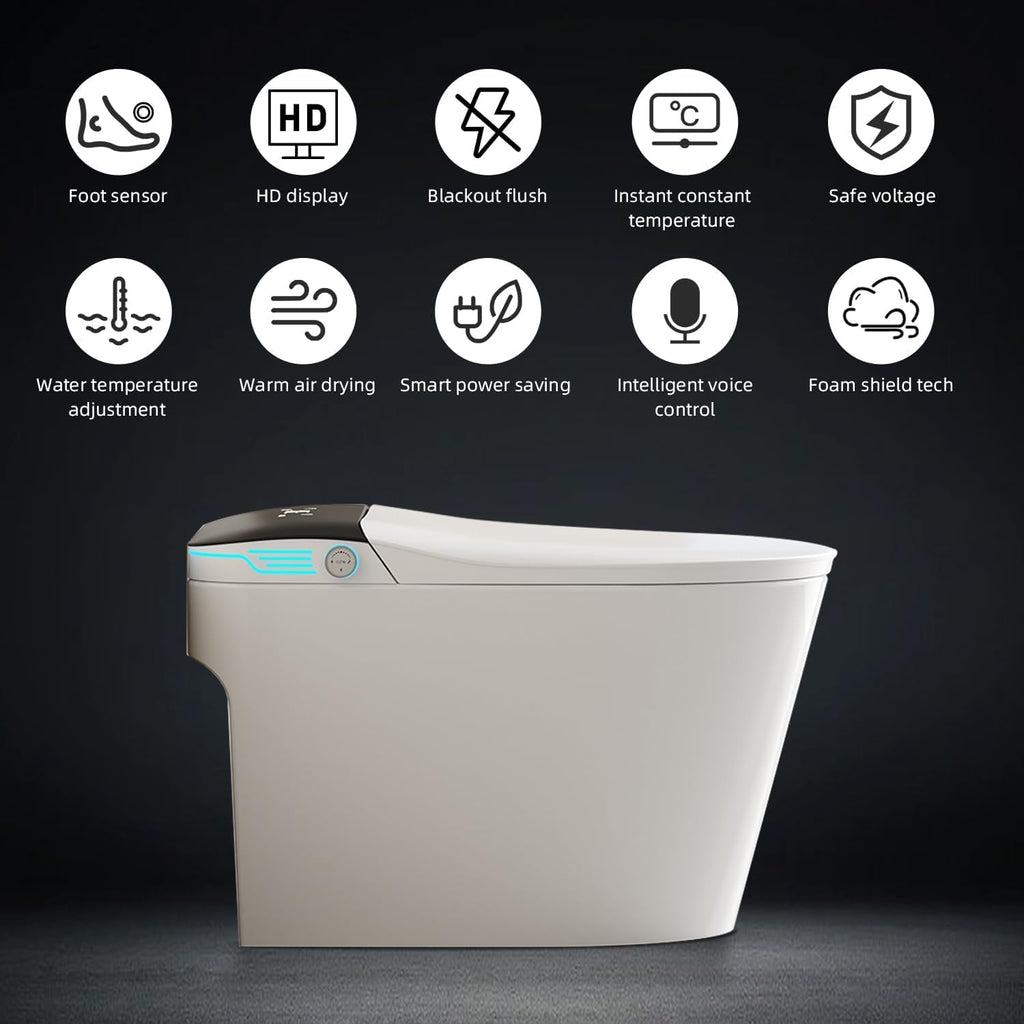 Smart Toilet with Bidet Built In ADA Height 17.7', 1.28GPF Power Flush, One Piece Bidet Toilet Design with Heated Seat, Voice Control, Remote Control, Foam Shield, Tankless Modern Toilet BSJ