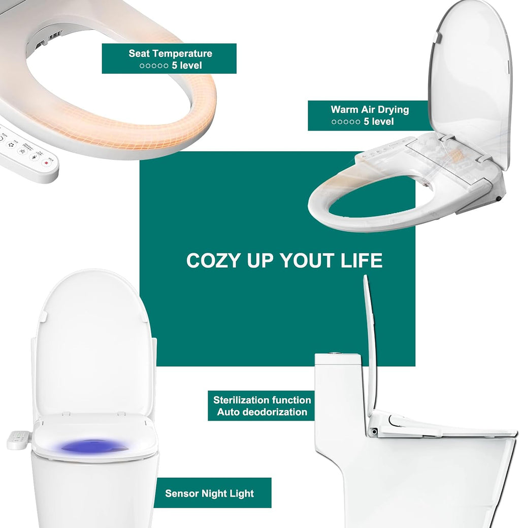 Aquatiz Elongated Smart Toilet Seat, Electronic Heated Toilet Seat, Self-Cleaning Nozzle, Temperature Controlled Wash, Air Dryer, Deodorizer, LED Light, Multi-mode Wash, (Panel Control)