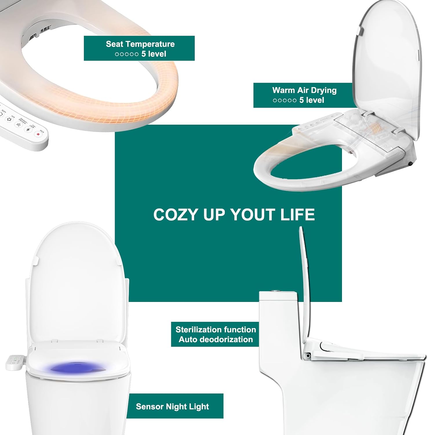 Aquatiz Elongated Smart Toilet Seat, Electronic Heated Toilet Seat, Self-Cleaning Nozzle, Temperature Controlled Wash, Air Dryer, Deodorizer, LED Light, Multi-mode Wash, (Panel Control)