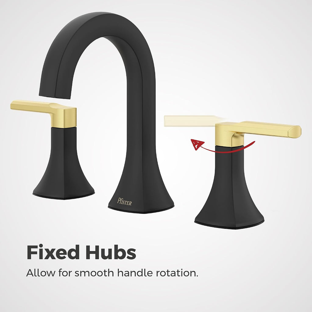Pfister Vaneri Bathroom Sink Faucet 8 in Widespread 2-Handle 3-Hole NSF Certified Water-Efficient Matte Black and Brushed Gold Finish Push & Seal Drain LF049VRIBBG