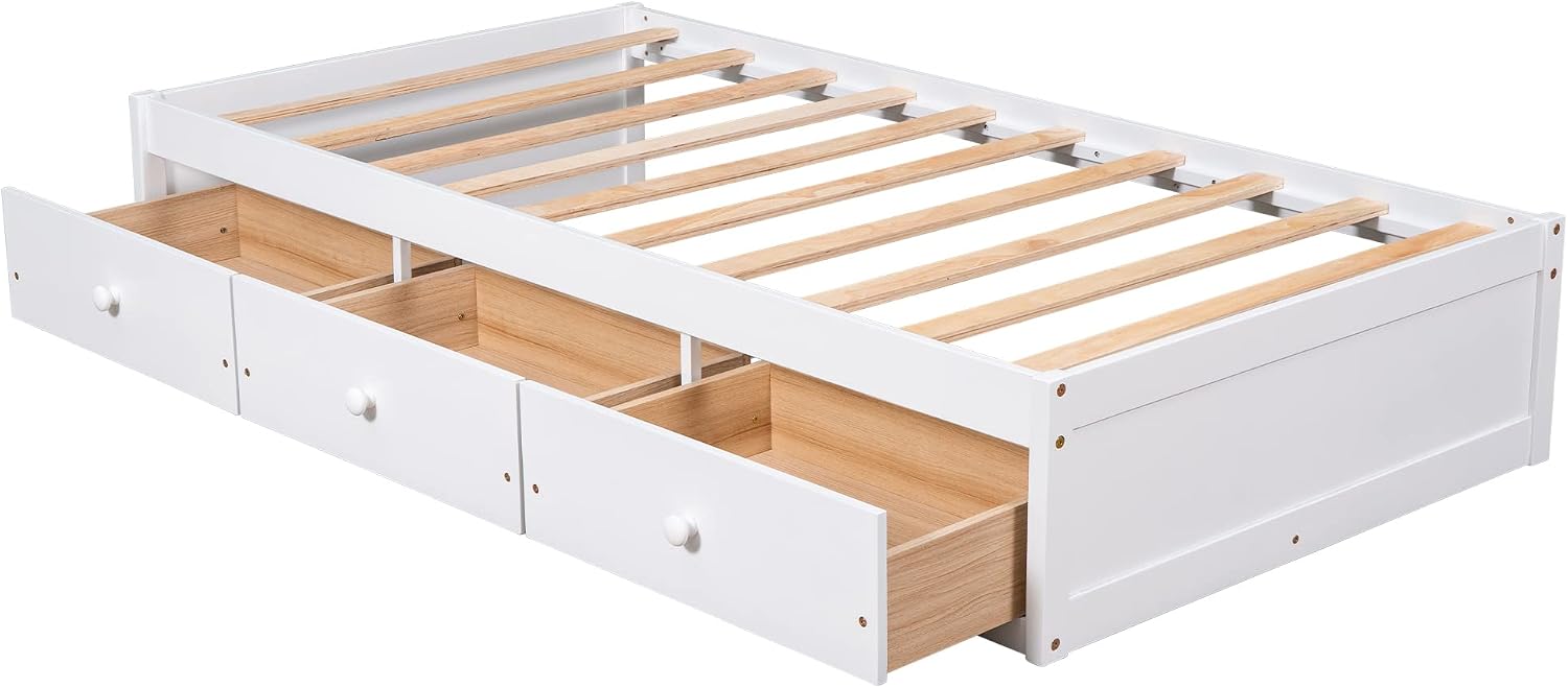 Merax Twin Size Platform Storage Bed with 3 Drawers,White