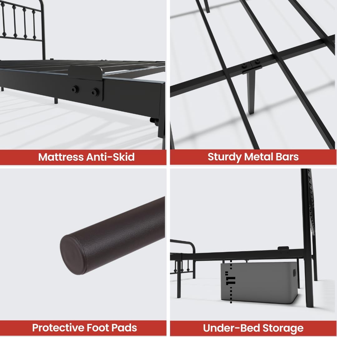 AMBEE21 Golden Gate Beds Vintage Style Metal Bed Frame with Wrought Iron Headboard and Footboard, Classic Platform Bedframe with Storage, No Box Spring Needed, Mattress Foundation, Black, Full Size