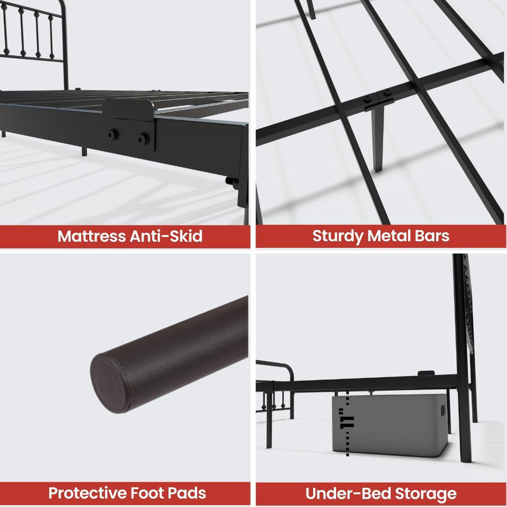 AMBEE21 Golden Gate Beds Vintage Style Metal Bed Frame with Wrought Iron Headboard and Footboard, Classic Platform Bedframe with Storage, No Box Spring Needed, Mattress Foundation, Black, Queen Size