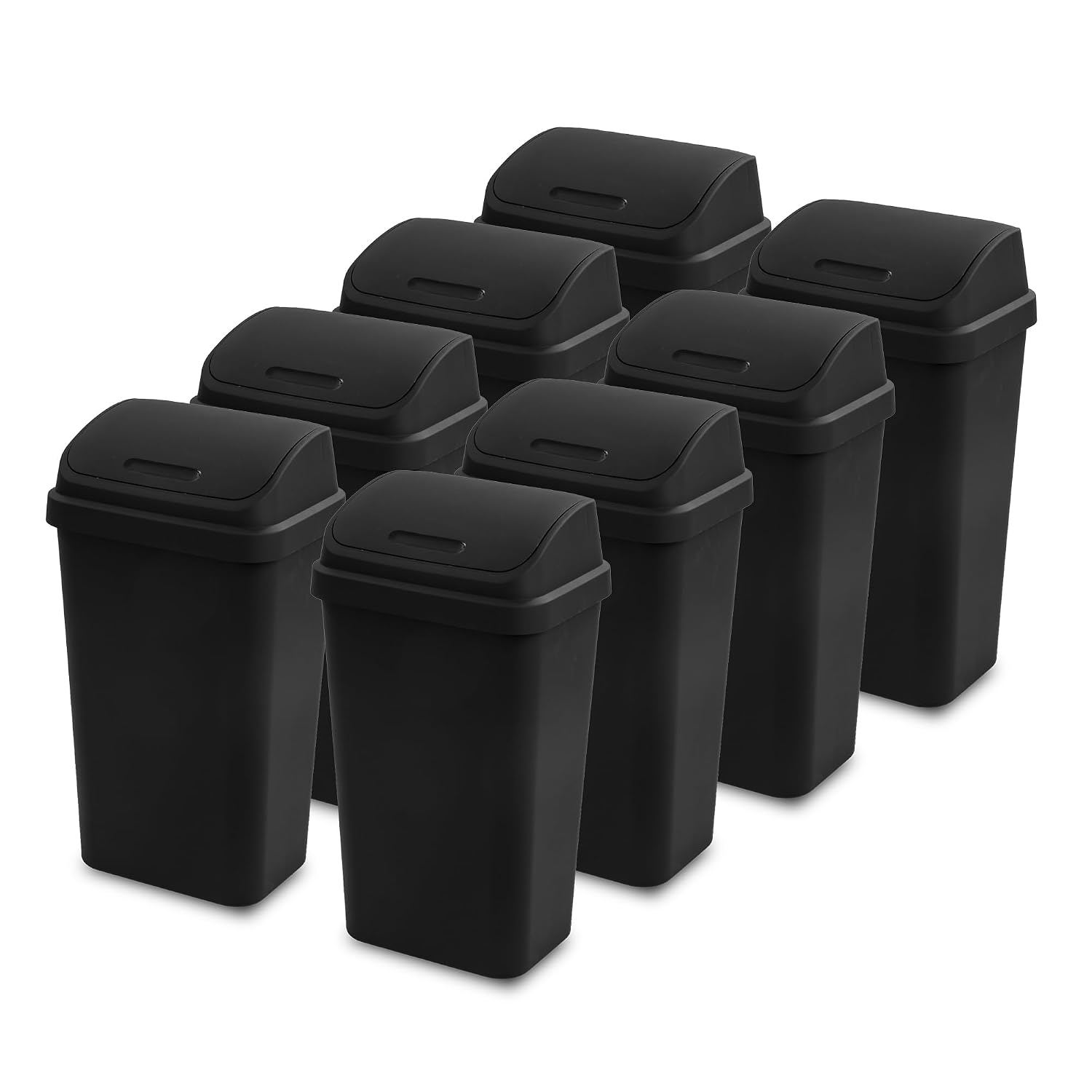 Sterilite 8-Pack Swing Top Wastebasket, Sleek Square Profile Trash Can, 13 Gallon, Black - Modern Garbage Bin for Kitchen, Bathroom, Garage and Workspace, Fits 13 Gal Liners