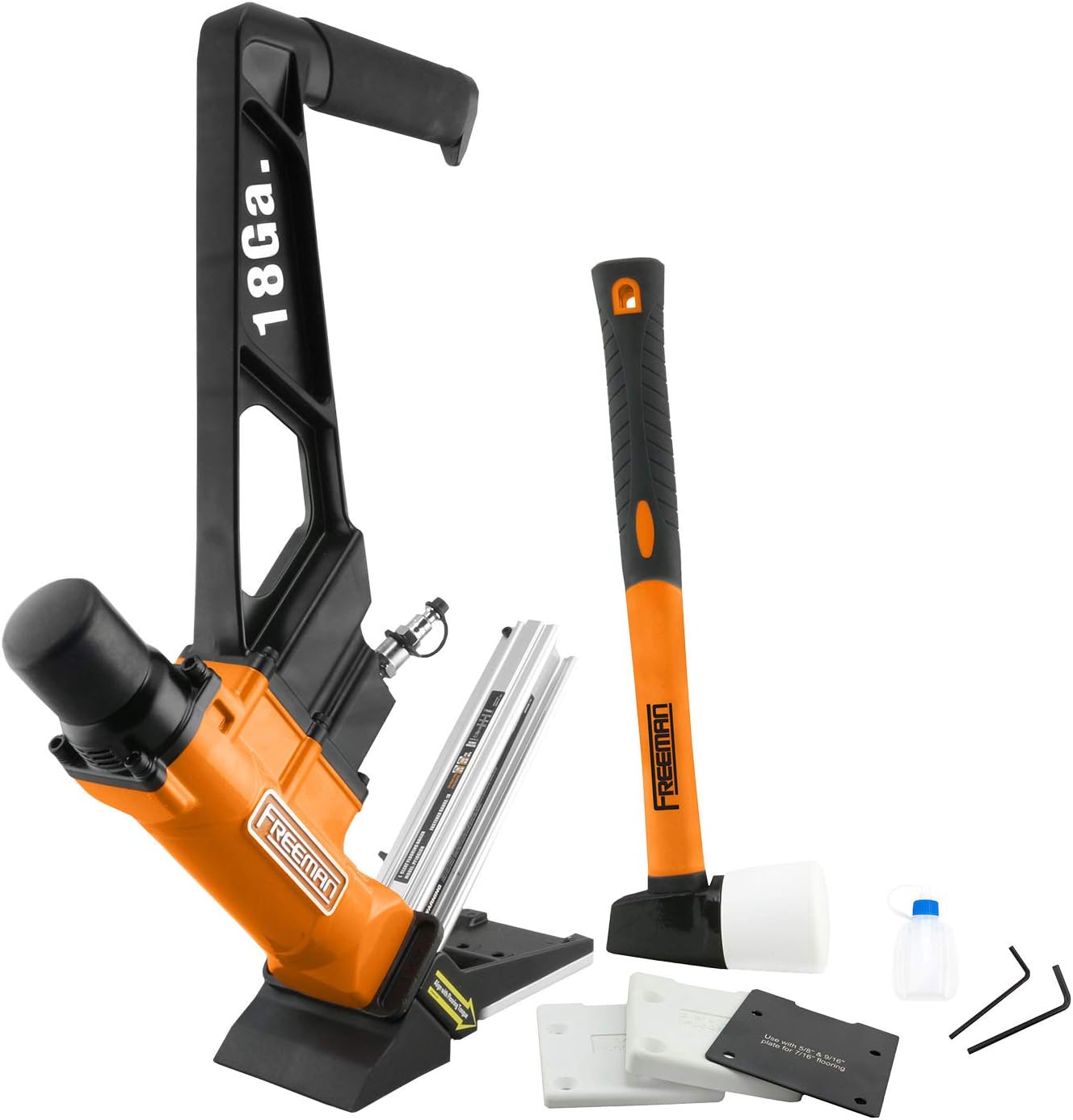 Freeman PF18GLCN Pneumatic 18-Gauge 1-3/4' L-Cleat Flooring Nailer with Flooring Mallet and Interchangeable Base Plates