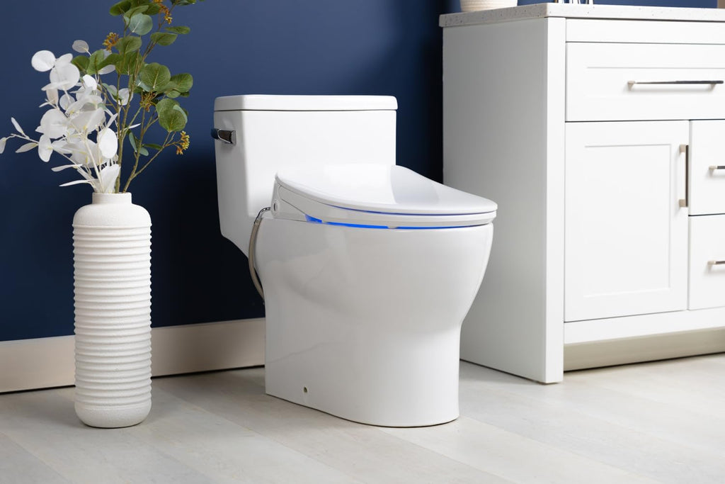 ALPHA BIDET iX Pure Bidet Toilet Seat in Round White | Ultra Low Profile | Endless Warm Water | Arced Stainless Steel Nozzle | Blue LED Nightlight | Dryer…