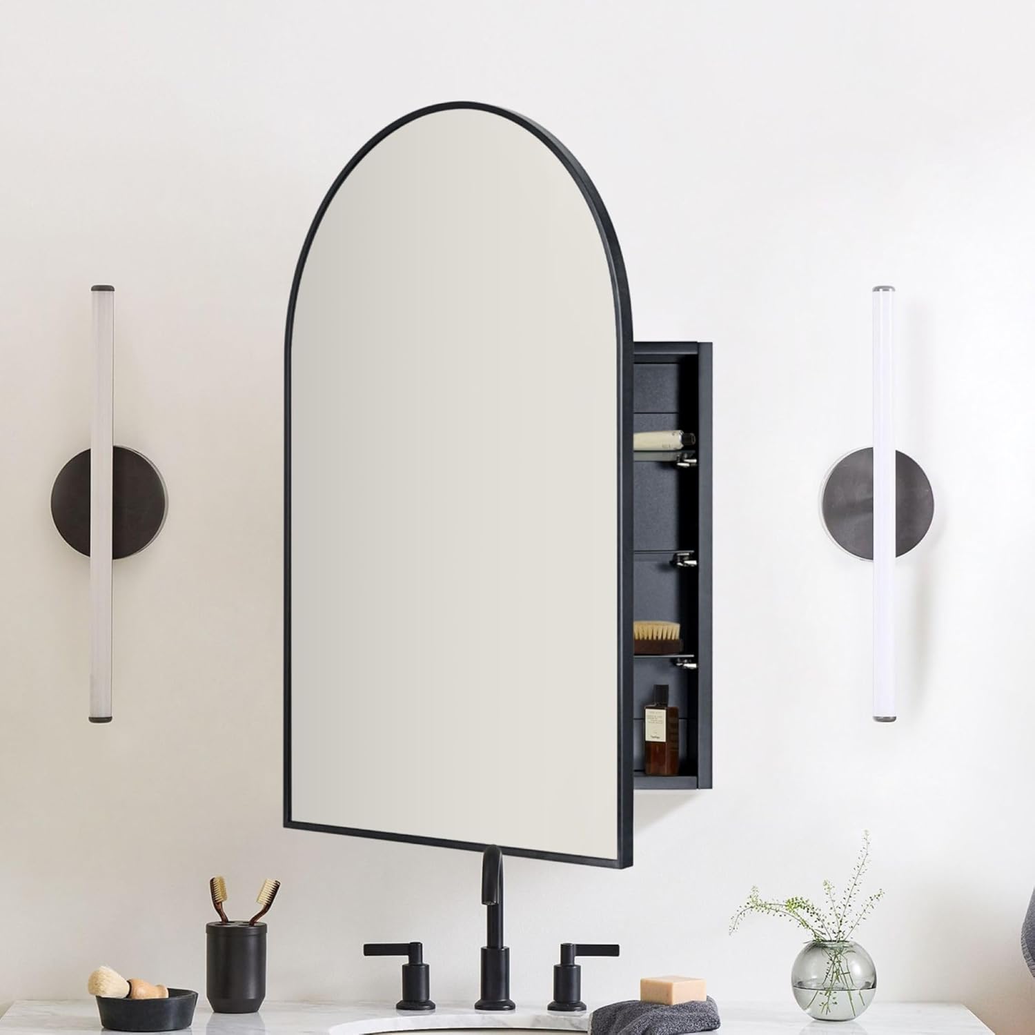 TEHOME 24 x 36'' Black Arch Bathroom Medicine Cabinet with Mirror Recessed and Surface Mounted Medicine Cabinet Mirror