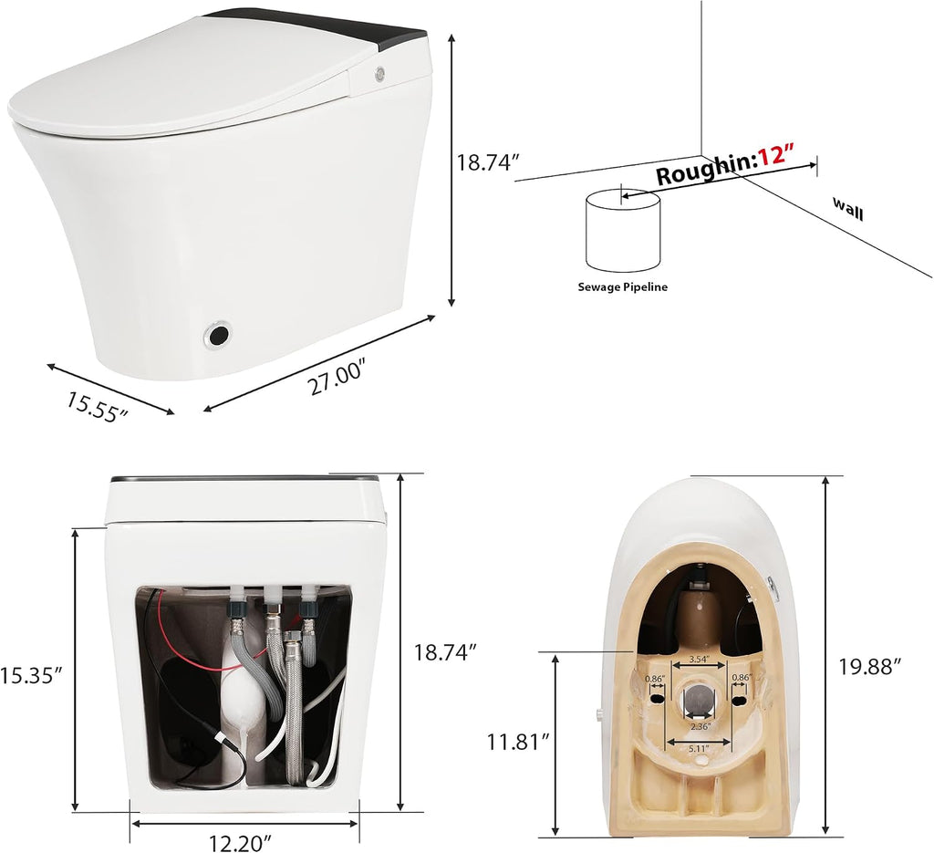 Smart Toilet with Heated Seat & Foot Sensor Flush, One Piece Tankless Toilet, Power Outage Flushing, Night Light, Soft Close Seat, 12' Rough-In, White Ceramic