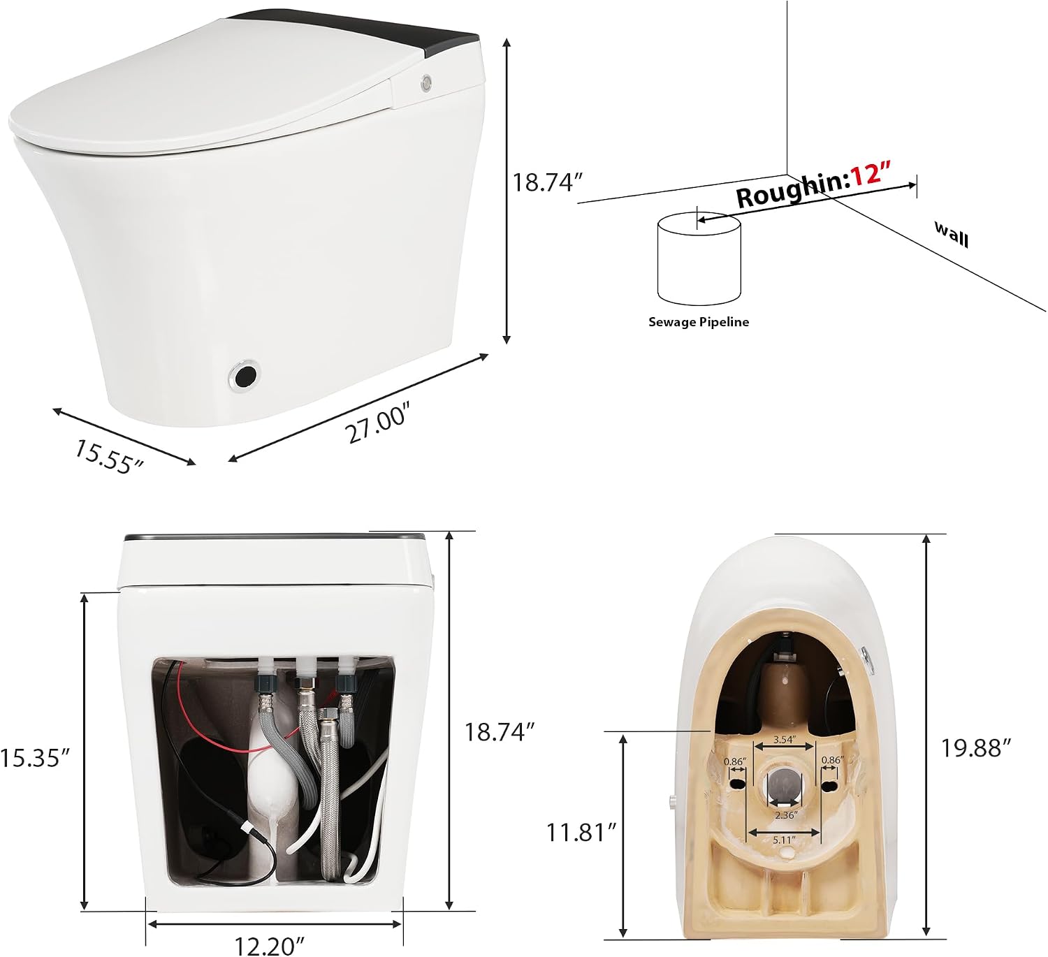 Smart Toilet with Heated Seat & Foot Sensor Flush, One Piece Tankless Toilet, Power Outage Flushing, Night Light, Soft Close Seat, 12' Rough-In, White Ceramic
