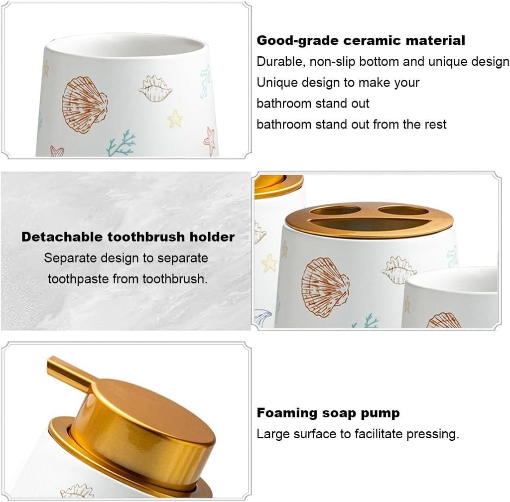 Bathroom Accessories Set Ceramic Bathroom Accessory Set Plant Patterns Accessories with Soap Dispenser Dish Tumbler for Home Decor Victorian(4 Piece Set-Ocean)