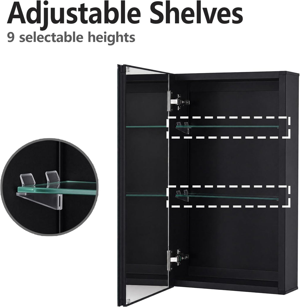 Fundin Medicine Cabinet 14 x 24 inches Mirror Size, Recessed or Surface Mount, Black Aluminum Bathroom Wall Cabinet with Mirror and Adjustable Shelves.