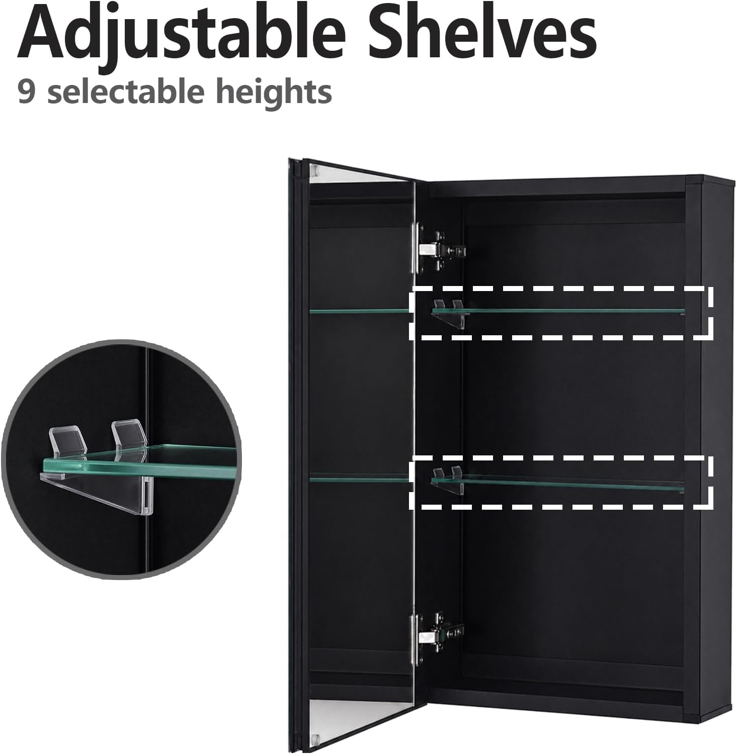 Fundin Medicine Cabinet 14 x 24 inches Mirror Size, Recessed or Surface Mount, Black Aluminum Bathroom Wall Cabinet with Mirror and Adjustable Shelves.