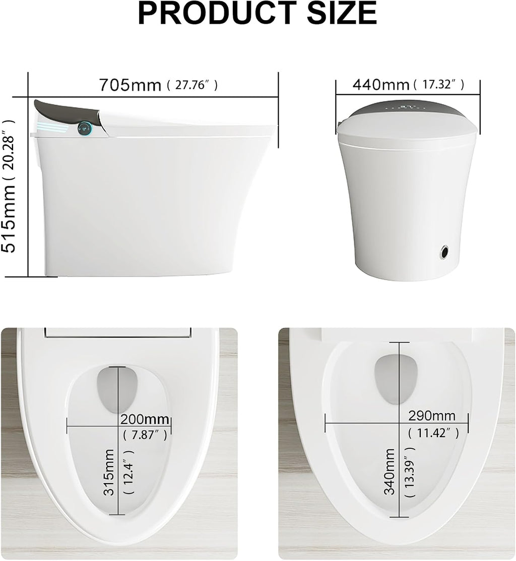 Smart Toilet with Powerful Flush, Bidet with Instant Warm Water, Modern Elongated Tankless Toilet with Foot Sensor, Heated Bidet Seat & Dryer,LED Display, Night Light, Deodorization (White)