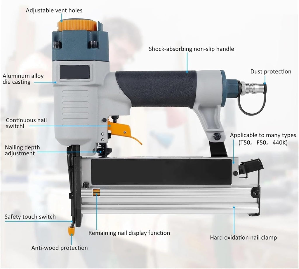 Oil-Free Pneumatic Staple Gun Air Nailer Carpenter Pneumatic Nail Tool T50 F50 440K 16Ga/18Ga Air Brads Nailer Nail Depth Adjustment