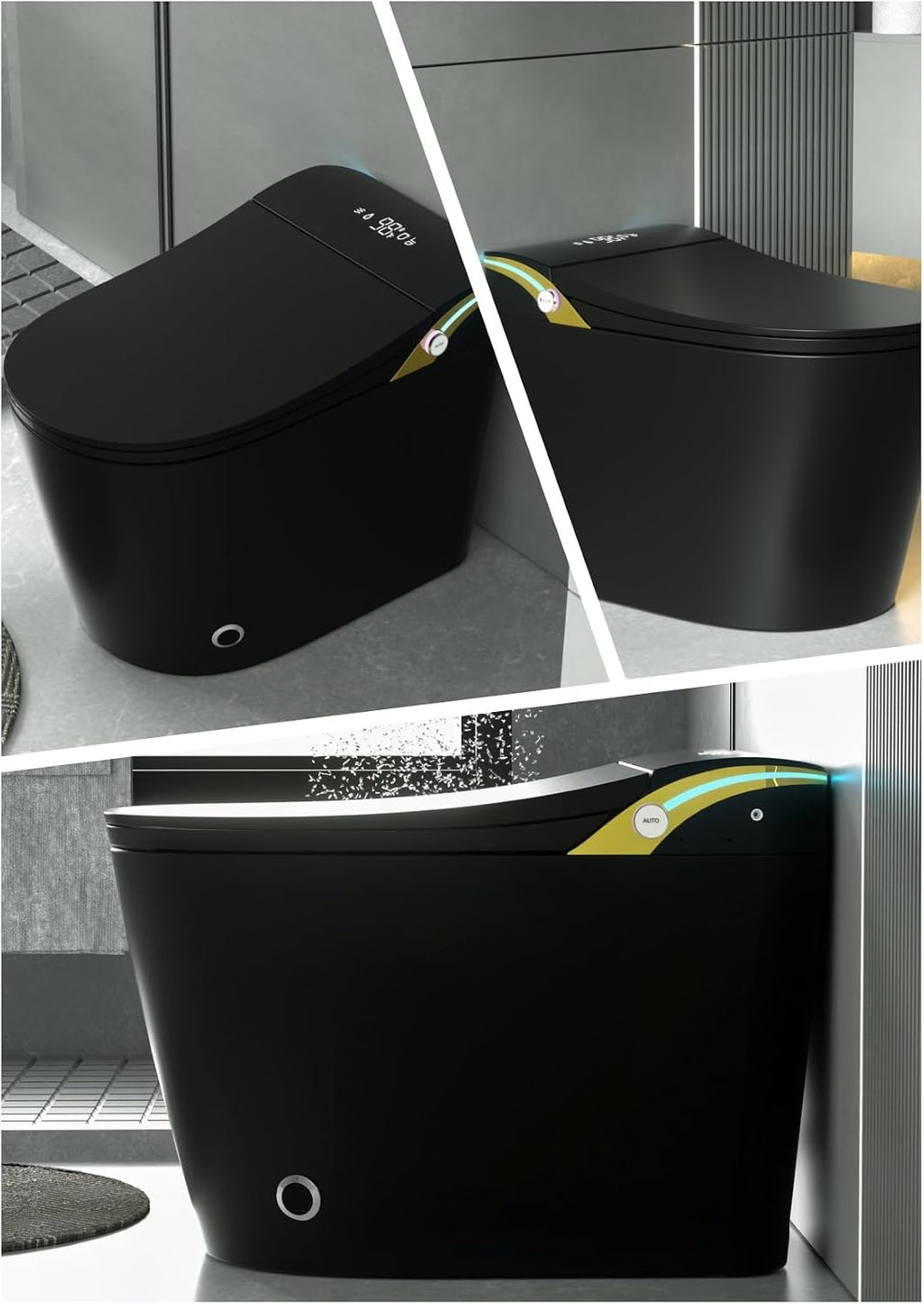 SouNor Black Smart Toilet with Bidet Built In, Heated Seat, Warm Water and Dry,ADA Comfort Height Foot Sensor and Night Light, Auto Flush, Auto Open & Close Lid