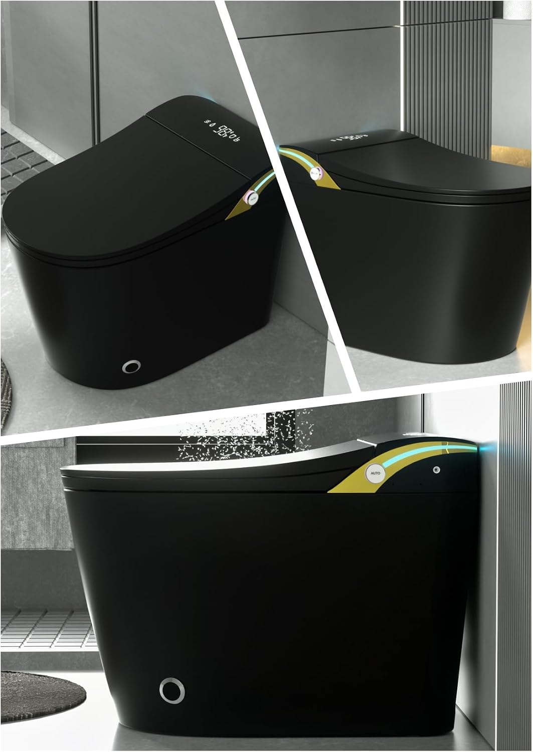 SouNor Black Smart Toilet with Bidet Built In, Heated Seat, Warm Water and Dry,ADA Comfort Height Foot Sensor and Night Light, Auto Flush, Auto Open & Close Lid
