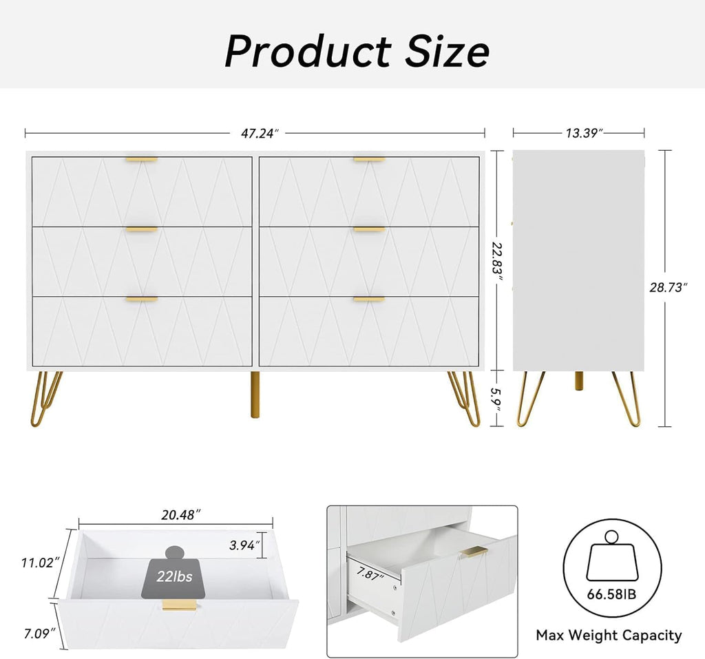 Anbuy Bedroom Sets White Sets 3 Piece, Night Stand Sets and 6 Drawer Dresser for Bedroom, Two Drawers Nightstand Set of 2 & 6 Drawer Dresser Combo 3 Pieces (White)