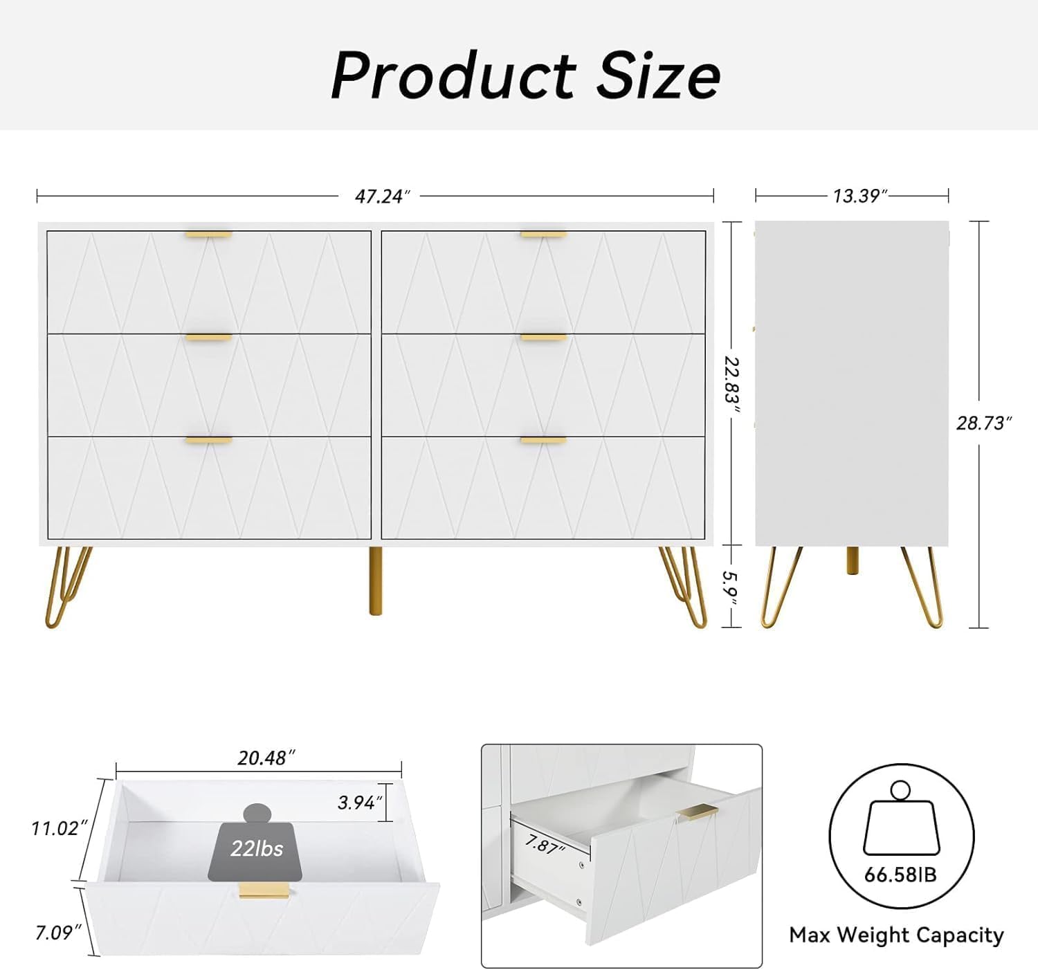 Anbuy Bedroom Sets White Sets 3 Piece, Night Stand Sets and 6 Drawer Dresser for Bedroom, Two Drawers Nightstand Set of 2 & 6 Drawer Dresser Combo 3 Pieces (White)