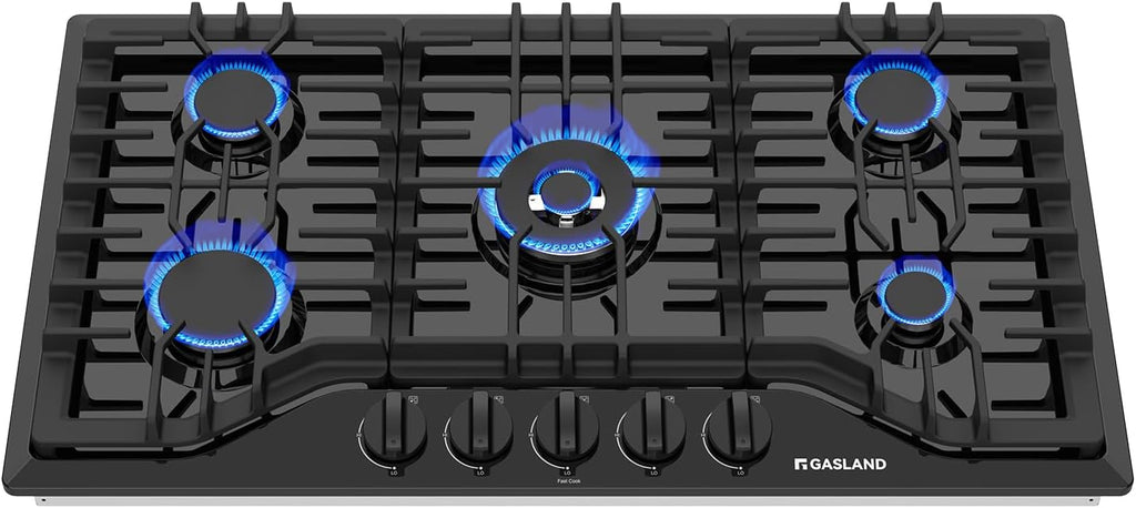 GASLAND Gas Cooktop 36 Inch with Griddle, 5 Burner Propane Stovetop with Reversible Cast Iron Grill/Griddle, Gas Countertop Plug-in, NG/LPG Convertible Cooktops, Black