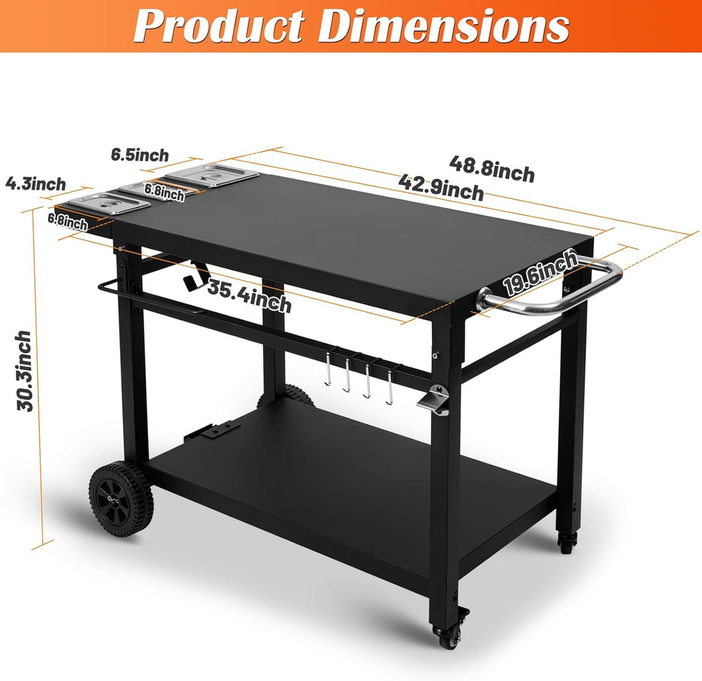 Black Cast Iron 2-Shelf Grill Cart with Wheels,Heavy Duty Pizza Oven Stand for Blackstone Ninja,Outdoor Cooking Station with Durable Tabletop